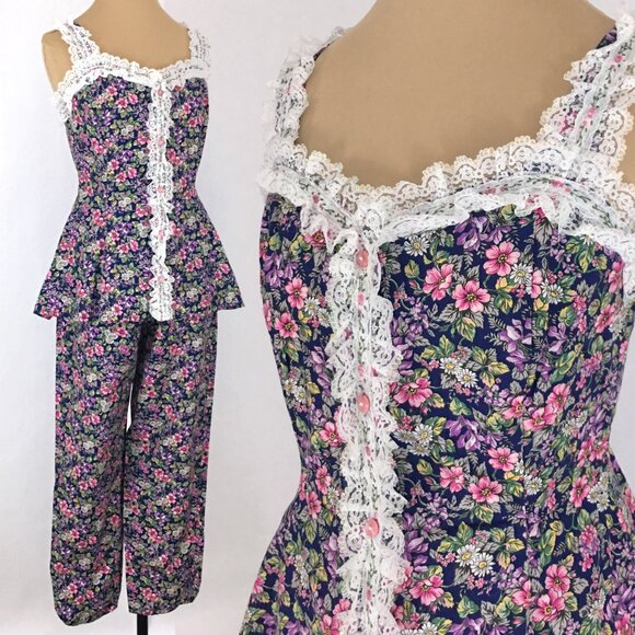 Vintage Tops - 80s Floral Lace Trim Vintage Top Co-ord Set